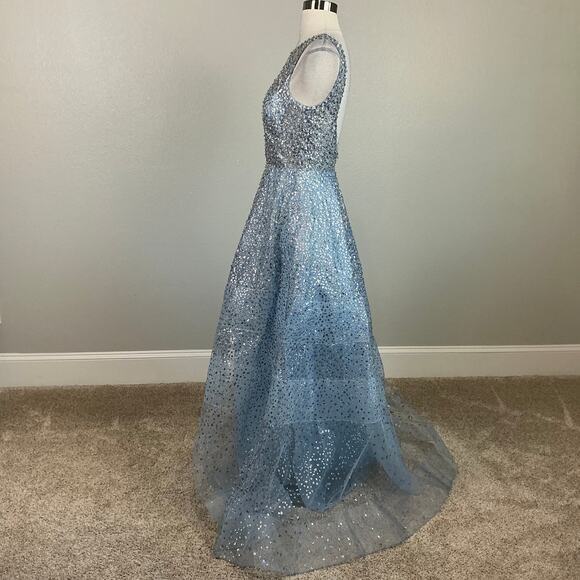 Betsy & Adam Sheer Sequined Backless Ball Gown Blue Size 4 Long Formal Dress - Picture 6 of 13